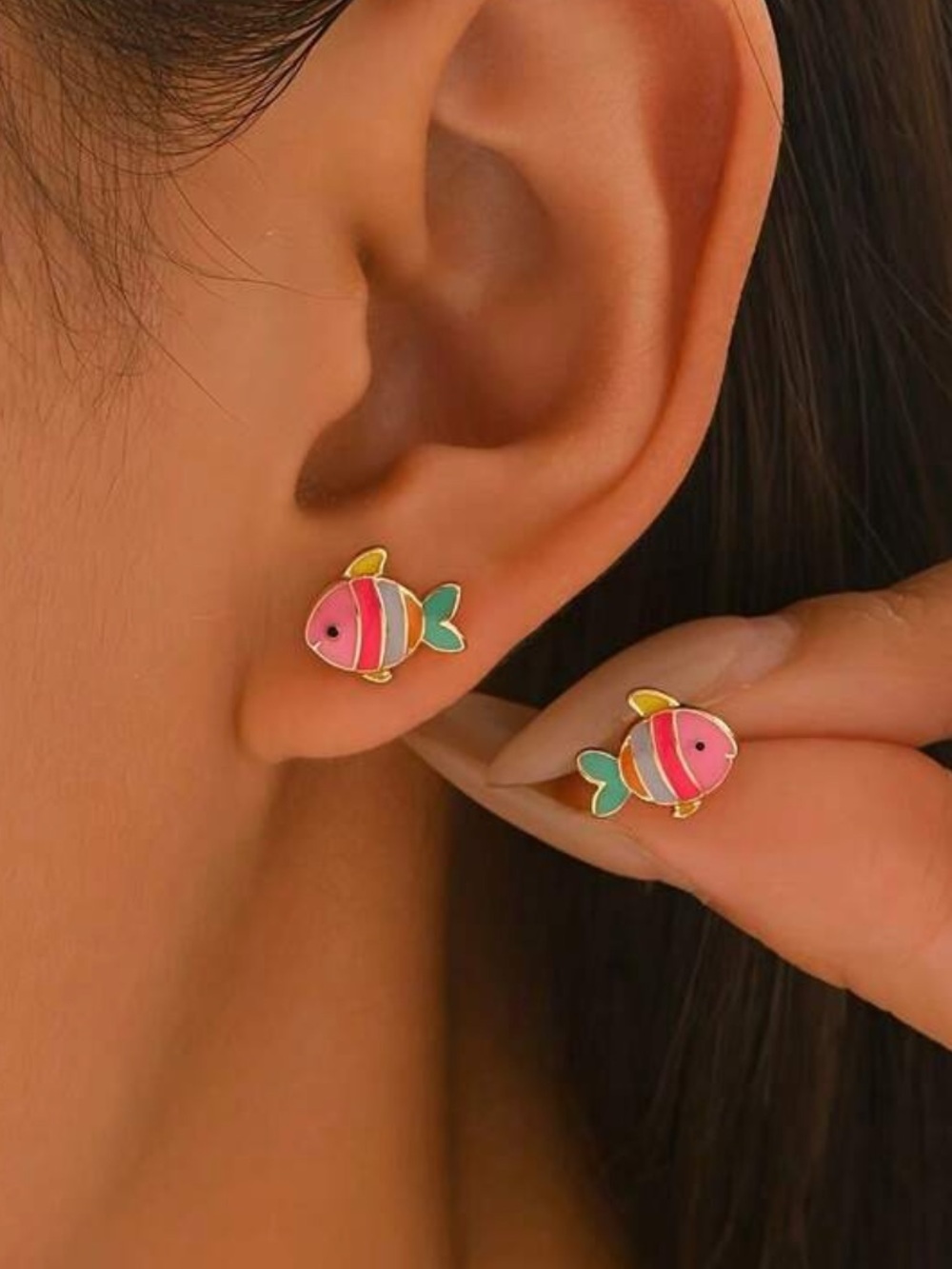 Pink and Green Enamel Fish Stud Earrings - Brand: